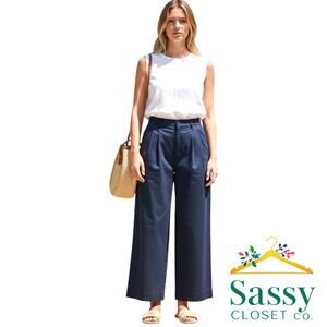 Banana Republic Navy Linen Blend Wide Leg Pants 2P Petite High Rise Stretch EUC